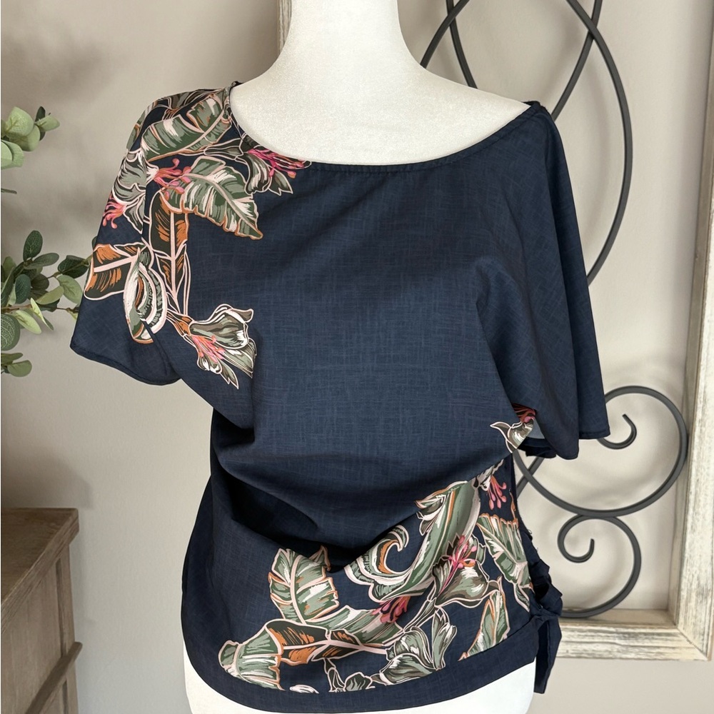 Tropical Print Navy Blouse